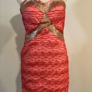 Coral & Gold Strapless Dress